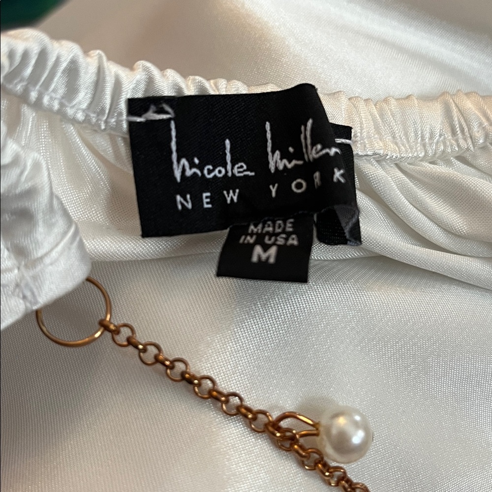 Nicole Miller white satin halter top, gold pearl-beaded necklace-style strap M - Picture 8 of 10